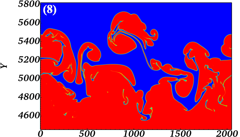 Simulation snapshot of a Rayleigh-Taylor unstable flame front, with burnt fluid
                      in red rising into unburnt fluid in blue as large mushroom-shaped bubbles.